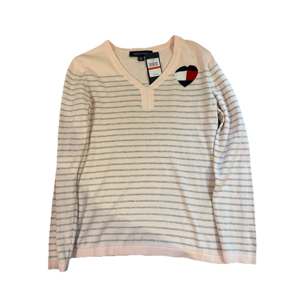 Tommy Hilfiger Women's V-Neck Stripe Sweater Pink/grey US XS New - Picture 4 of 8